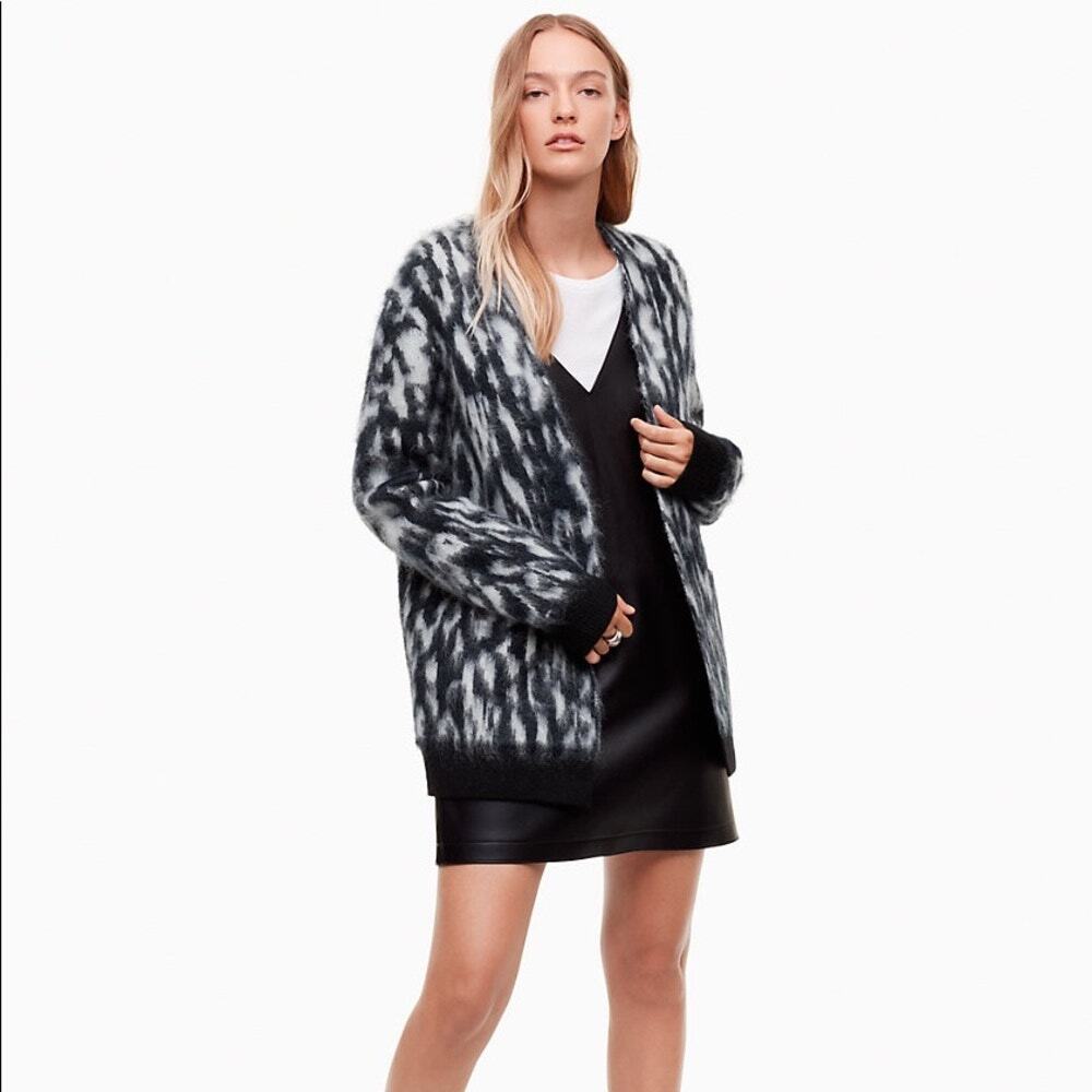 NWOT Aritzia Talula Black White Mohair Wool Animal Print‎ Cardigan Sweater Sz S